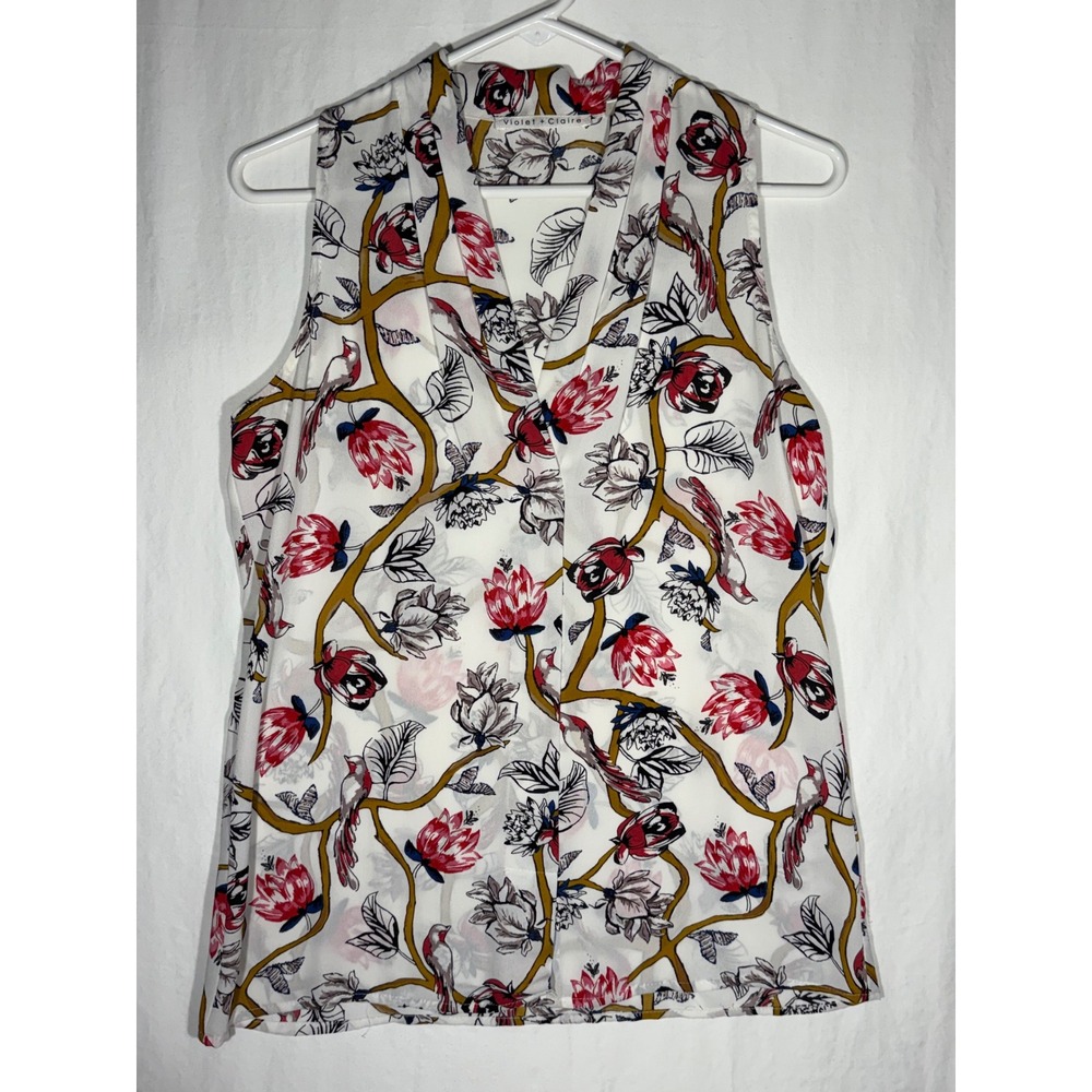 Violet + Claire Womens Small Sleeveless V-Neck Blouse Floral Bird Print Ivory